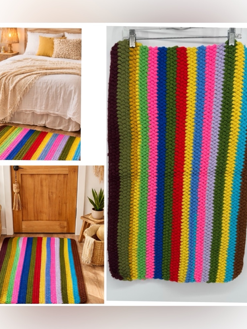 Handcrafted Colorful Striped Crochet Floormat/Rug Boho Retro Vintage Style